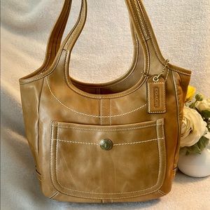 Coach Tan Leather Ergo Shoulder Bag w Legacy Stipe Lining